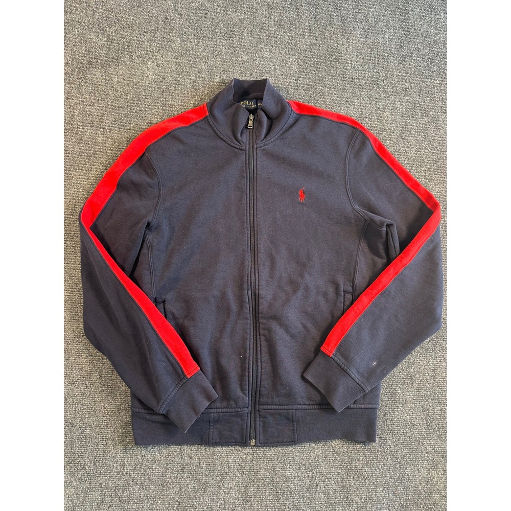 Polo Ralph Lauren Mens Navy Blue Red Stripe Full Zip Track Jacket Fleece Size M